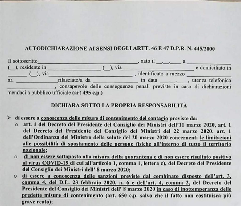MODELLO AUTOCERTIFICAZIONE SPOSTAMENTI AGGIORNATO AL 23 MARZO 2020 Il