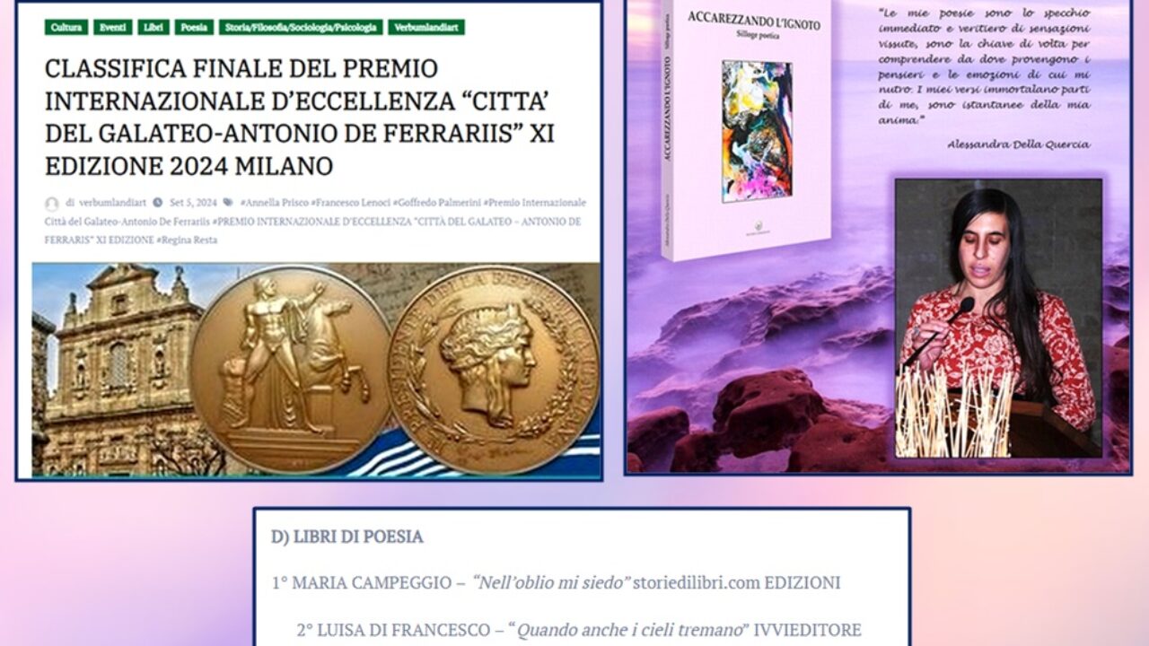 LA POETESSA ALESSANDRA DELLA QUERCIA SI CLASSIFICA AL SECONDO POSTO CON IL  SUO LIBRO NEL PREMIO INTERNAZIONALE DECCELLENZA “CITTÀ DEL GALATEO –  ANTONIO DE FERRARIIS” XI EDIZIONE” | Il Faro 24!